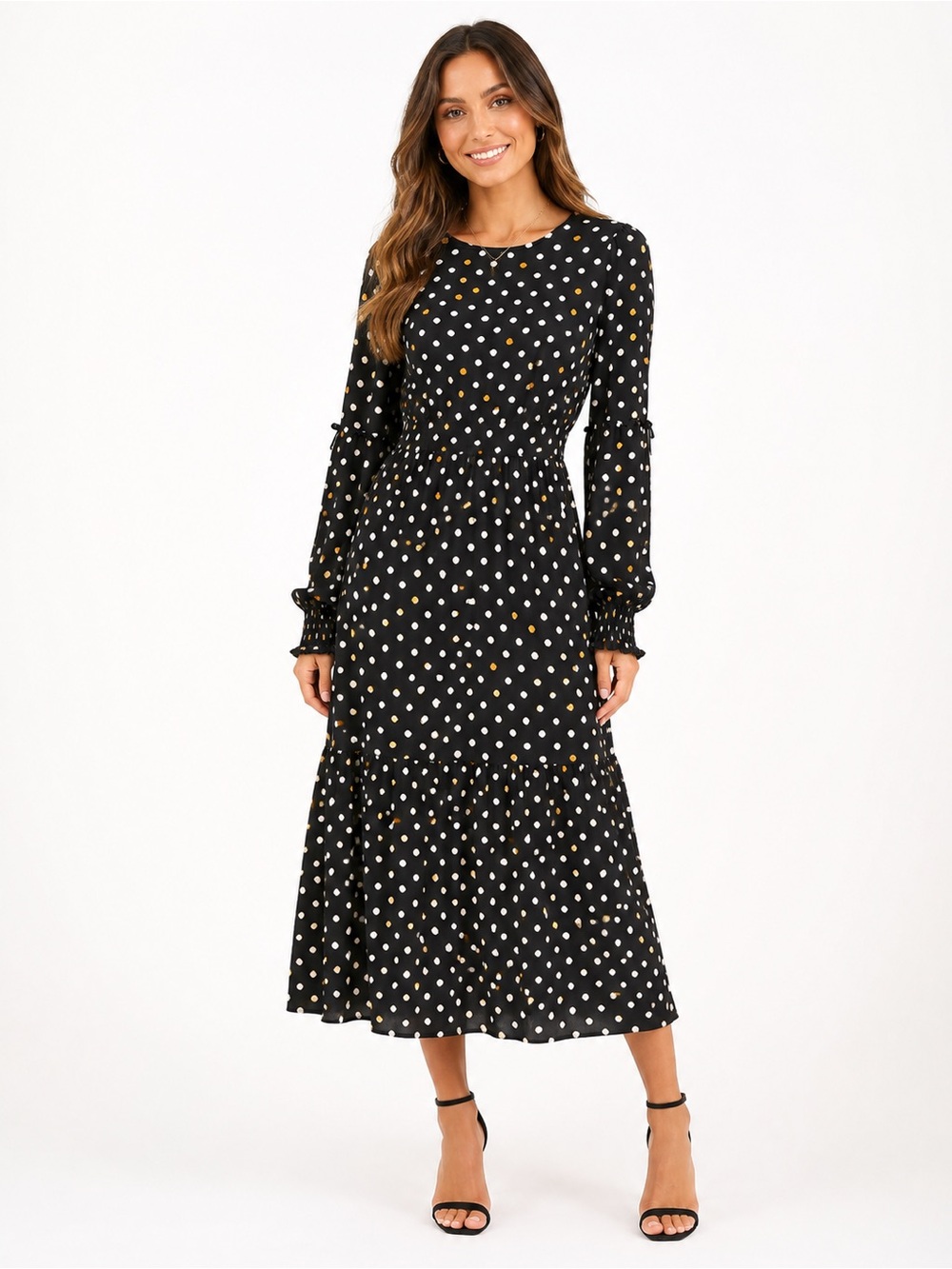 Who What Wear Black Polka Dot Long Sleeve Dress